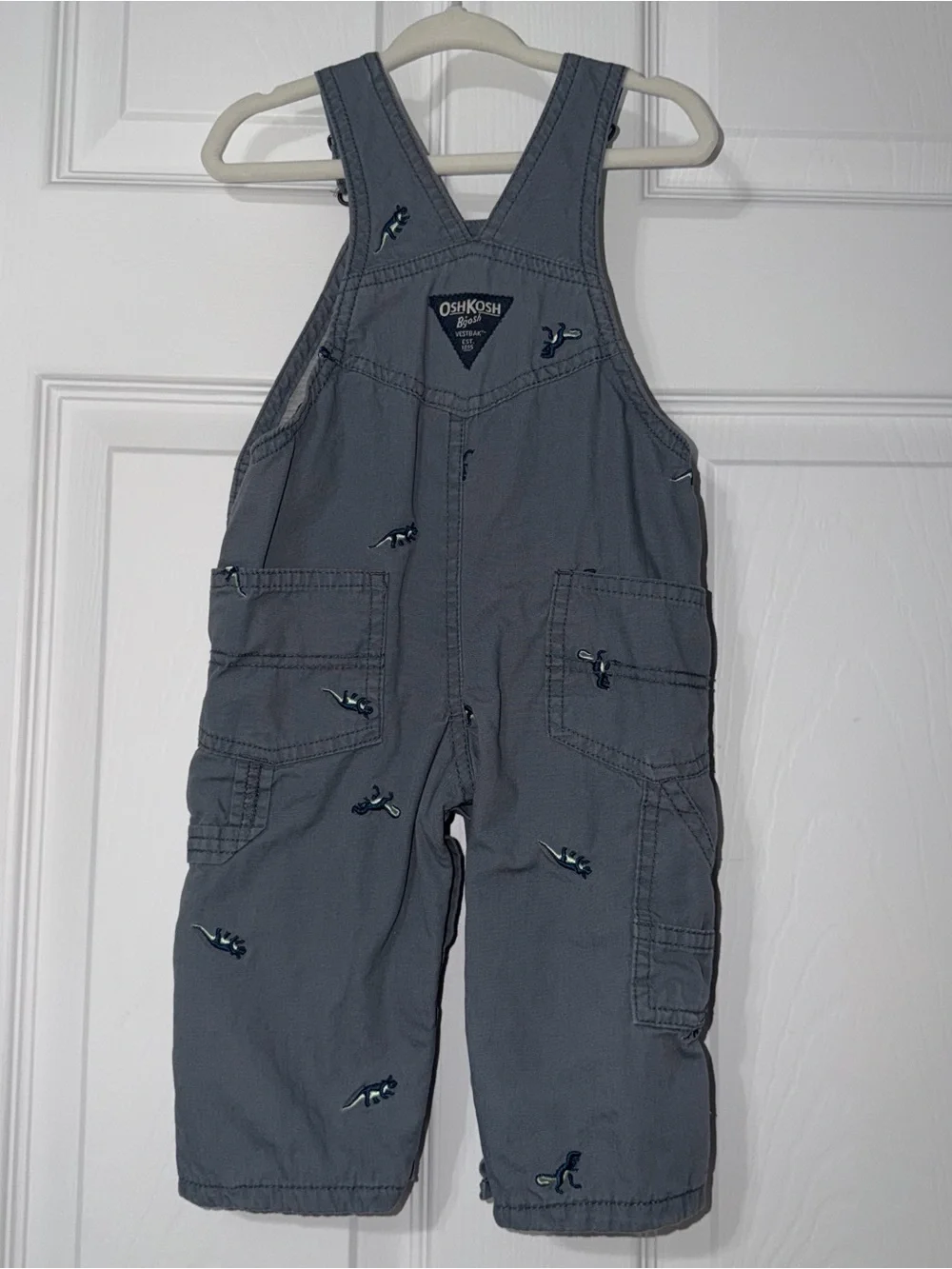Oshkosh B’gosh Baby Dinosaur Grey Denim Overalls Size 9M
